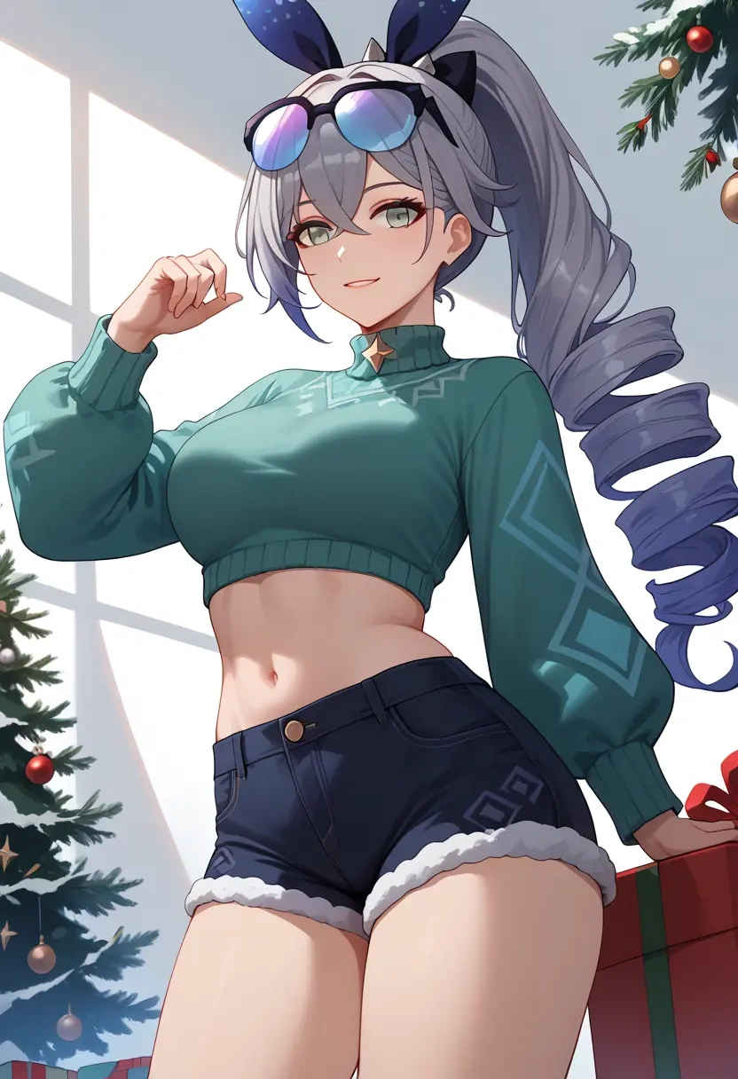 star rail,silver wolf,Christmas,red velvet shorts,turtleneck sweater  - 